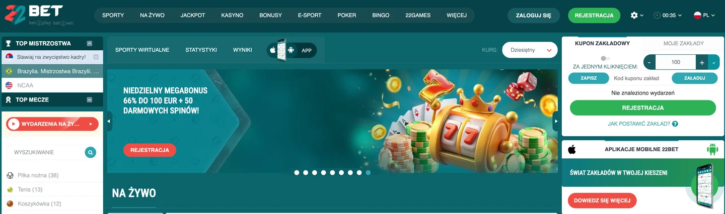 Strona główna 22Bet: niedzielny megabonus 66% do 100 EUR i 50 darmowych spinów, kupon zakładów po prawej
