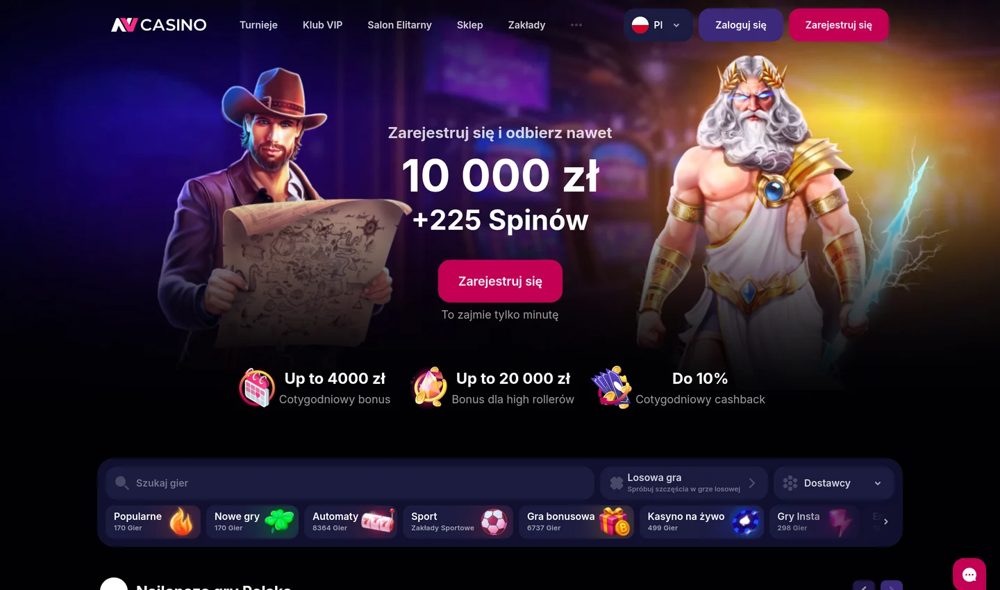 Strona główna NVCasino w wersji polskiej: bonus powitalny do 10 000 zł i 225 darmowych spinów, wyszukiwarka gier i kategorie