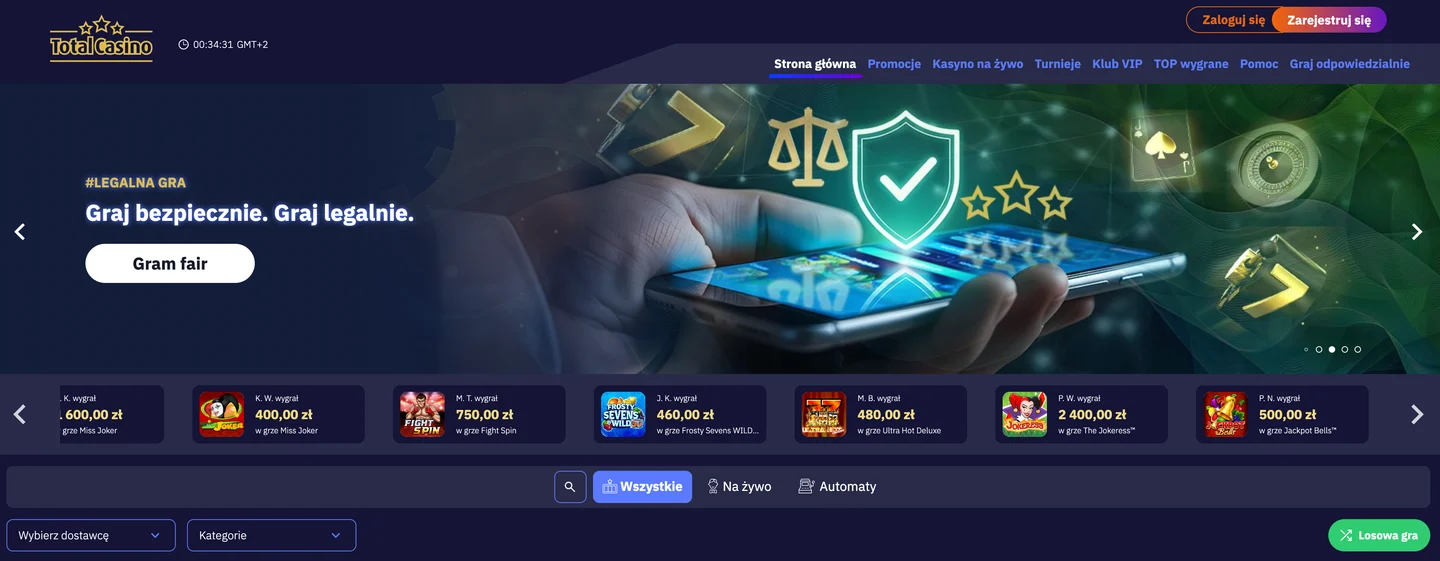 Strona główna Total Casino z hasłem „Graj bezpiecznie. Graj legalnie." i paskiem ostatnich wygranych